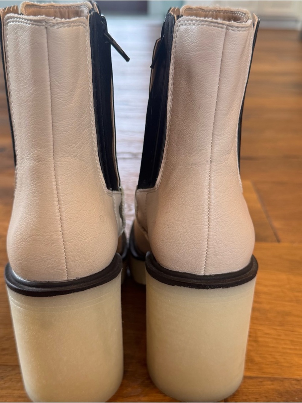 Cream Chelsea Heeled Ankle Boots with Black Elastic Panels - Picture 6 of 13